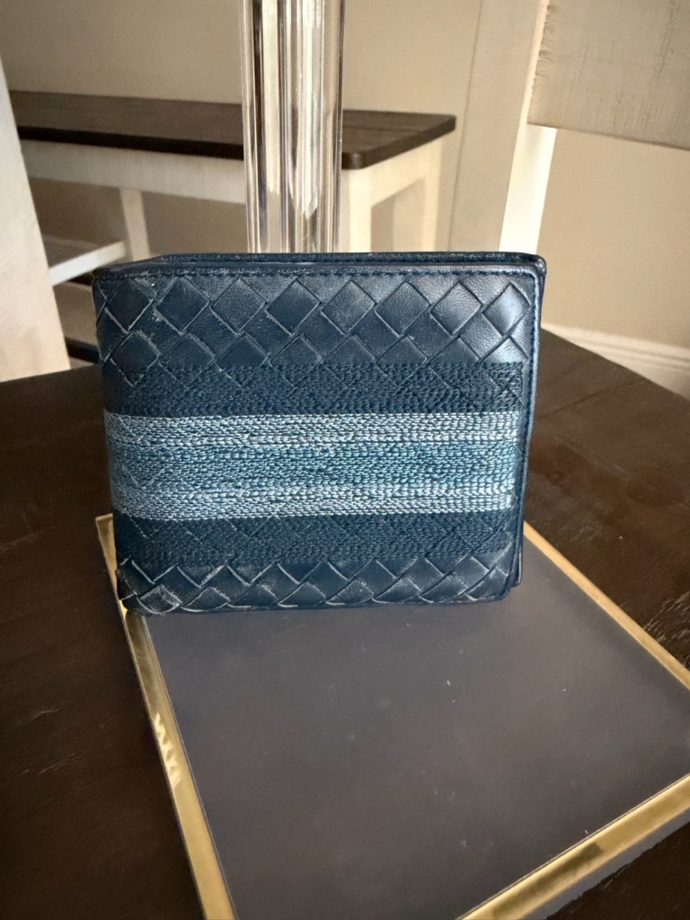 Bottega Veneta Navy Blue Intrecciato Leather Bi-Fold Wallet with Woven Stripe